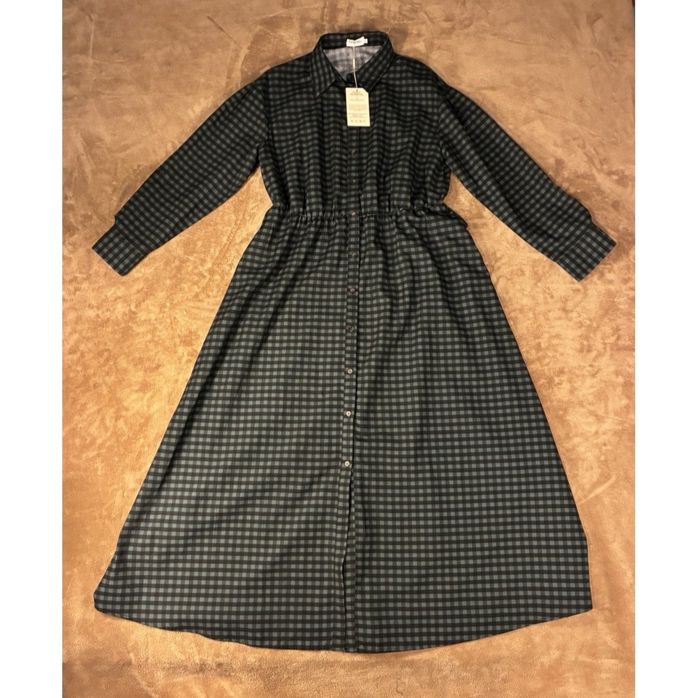 Modesees Women Maxi Shirt Dress Green Black Gingham Button Front Modest Large